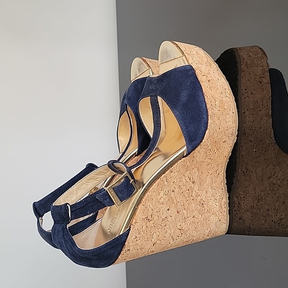 Jimmy Choo Blue Suede T Strap wedges 38.5 - Picture 6 of 7